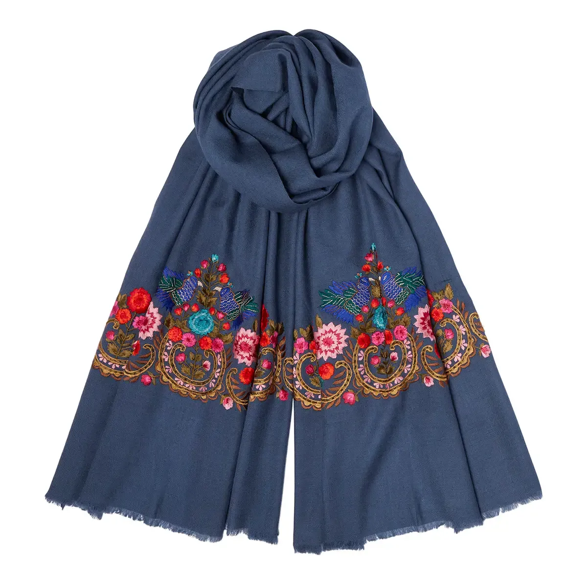 100% Cashmere Embroidered Bird Pashmina - Denim Blue