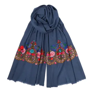 100% Cashmere Embroidered Bird Pashmina - Denim Blue