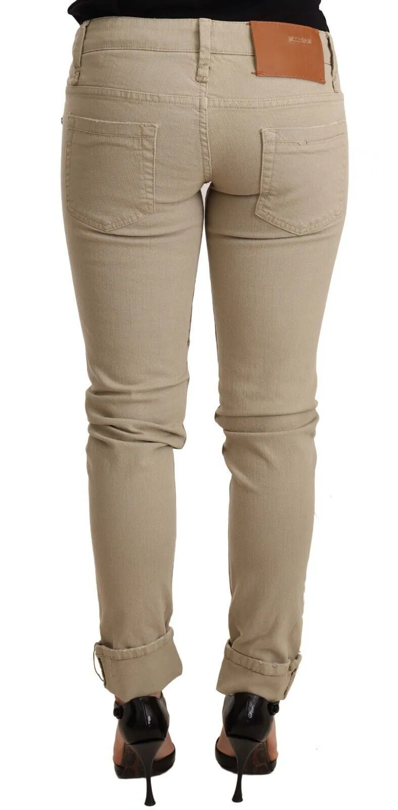 Beige Cotton Slim Fit Chic Jeans