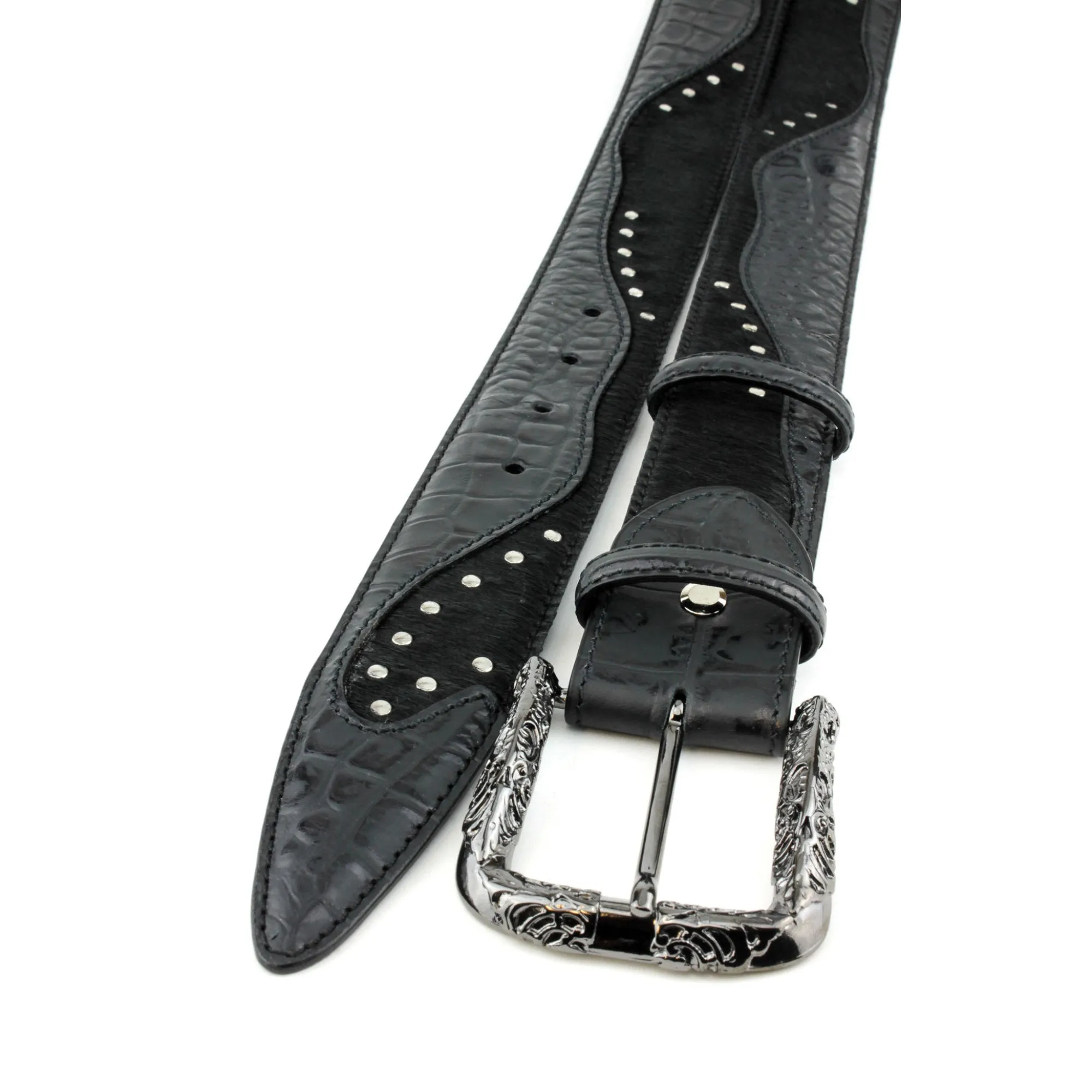 Belafonte Croc/Pony Mix Studded Filigree Prong Belt