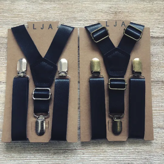 Black & Brown Faux Leather Suspenders with Silver Clips