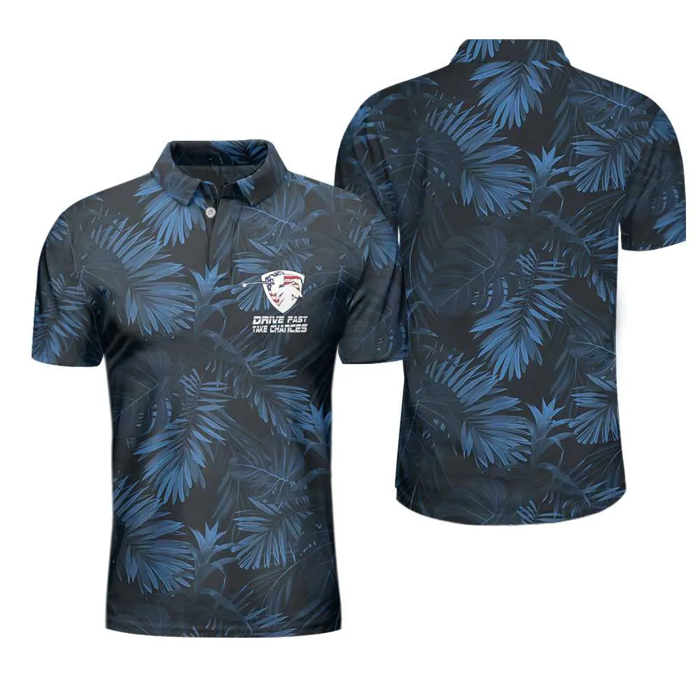 Black And Navy Blue Tropical Pattern Golf Player Polo Shirt, Golfing American Flag Polo Shirt, Best Golf Shirt For Men Coolspod