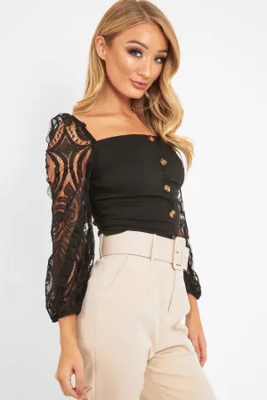 Black Lace Puff Sleeve Button Front Top - Linette