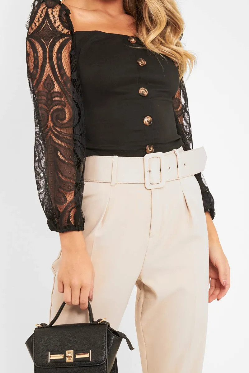 Black Lace Puff Sleeve Button Front Top - Linette