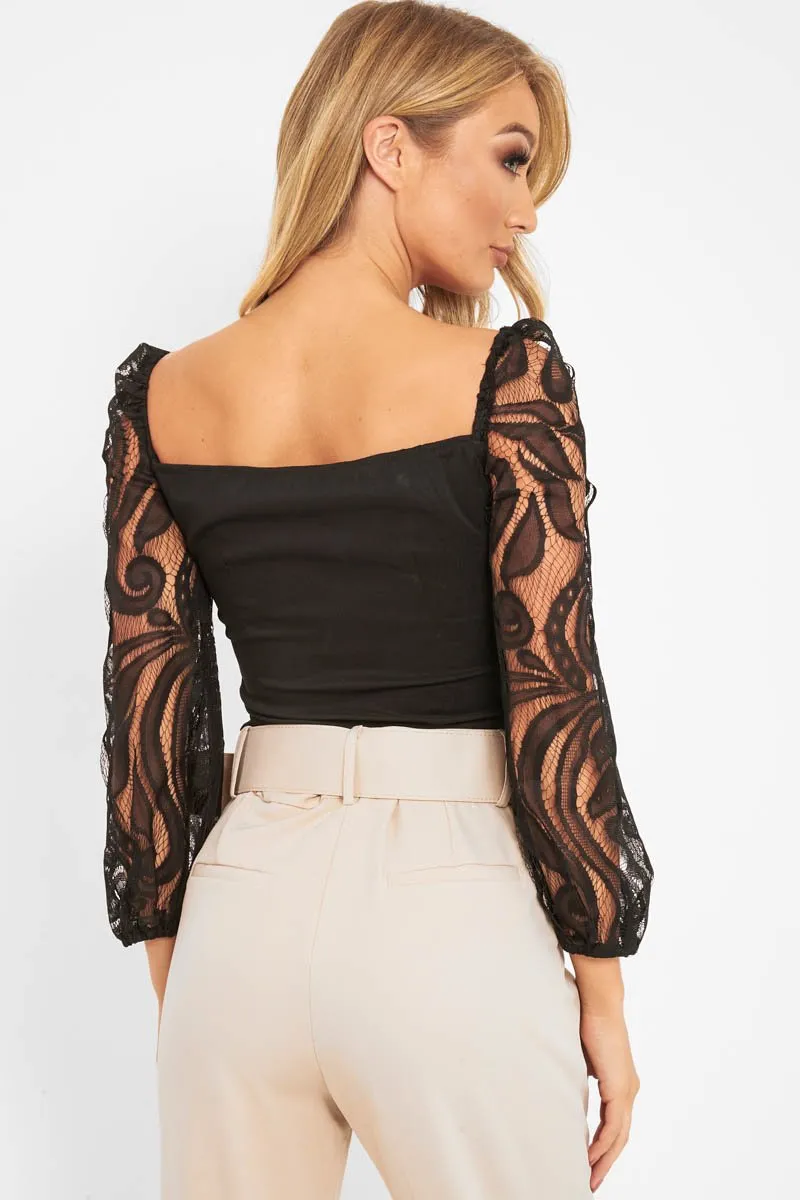 Black Lace Puff Sleeve Button Front Top - Linette