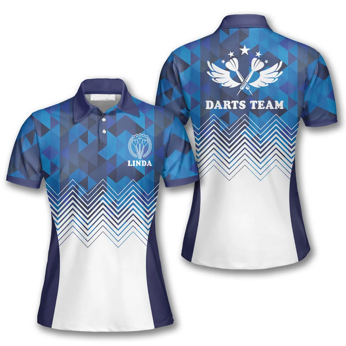 Blue White Custom Darts Shirts for Women, 3D All Over Print Dart Polo Shirt