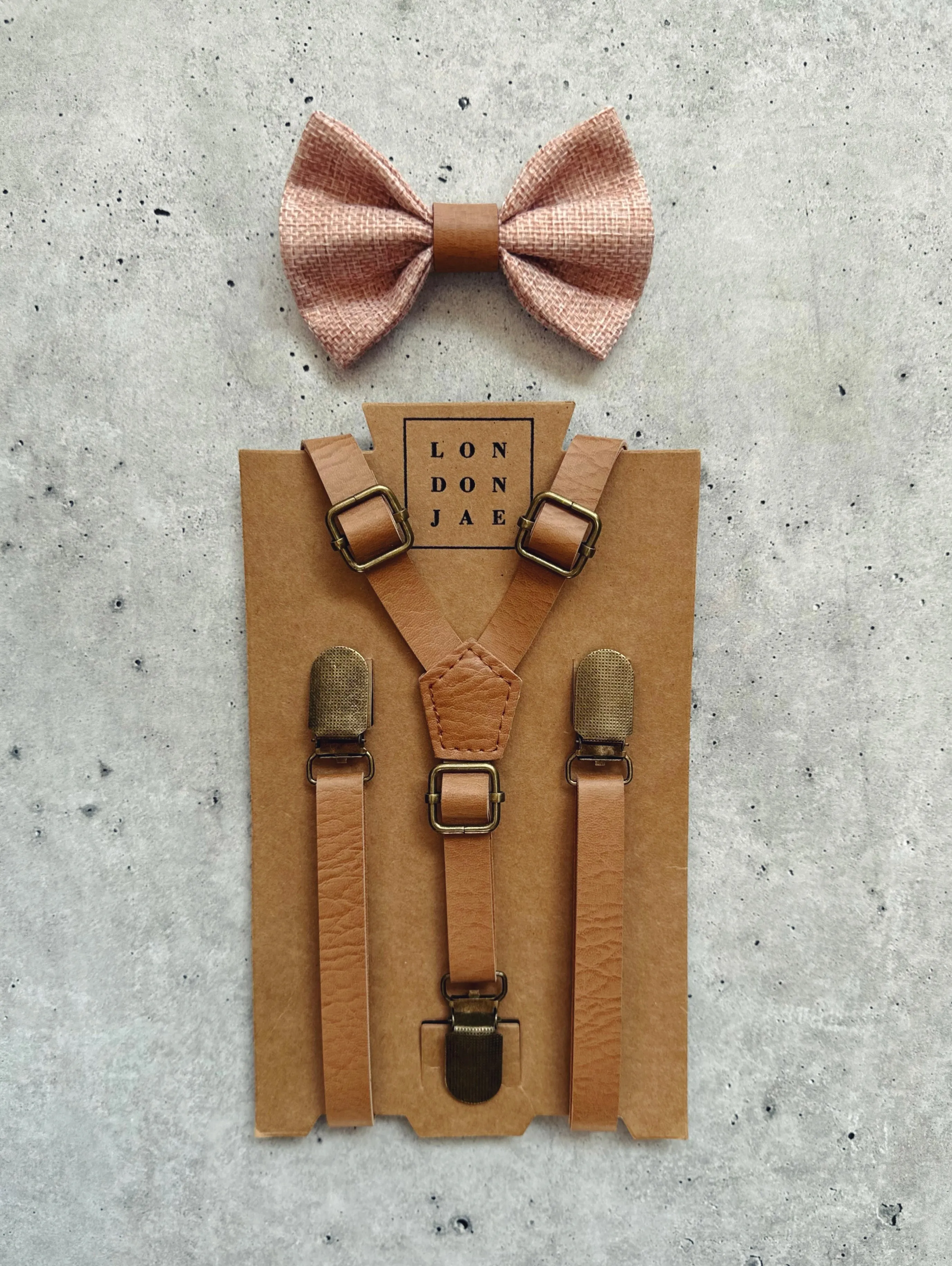 Blush Burlap Bow Tie with Vintage Tan Suspender Set