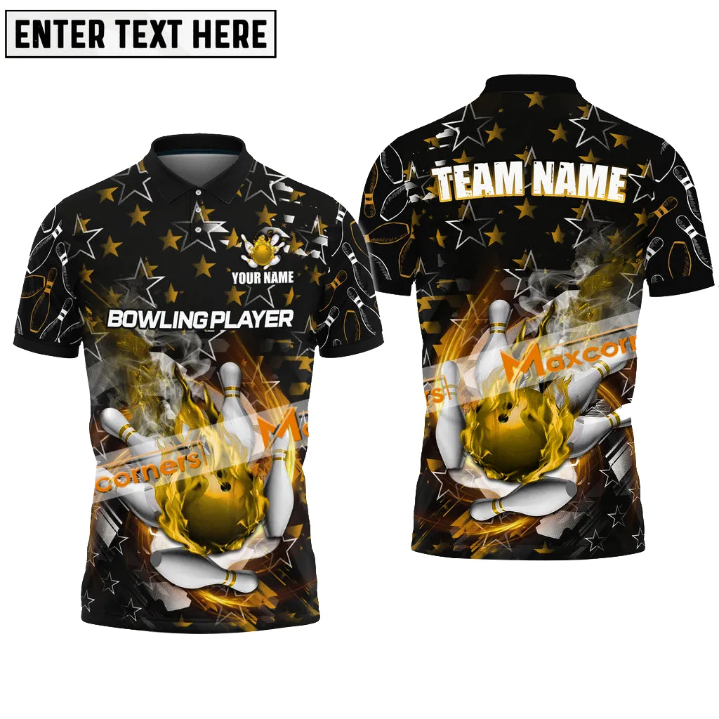 Bowling and Pins Flame Fire Ball Super Star Pattern Multicolor Option Customized Name Team Name 3D Polo Shirt