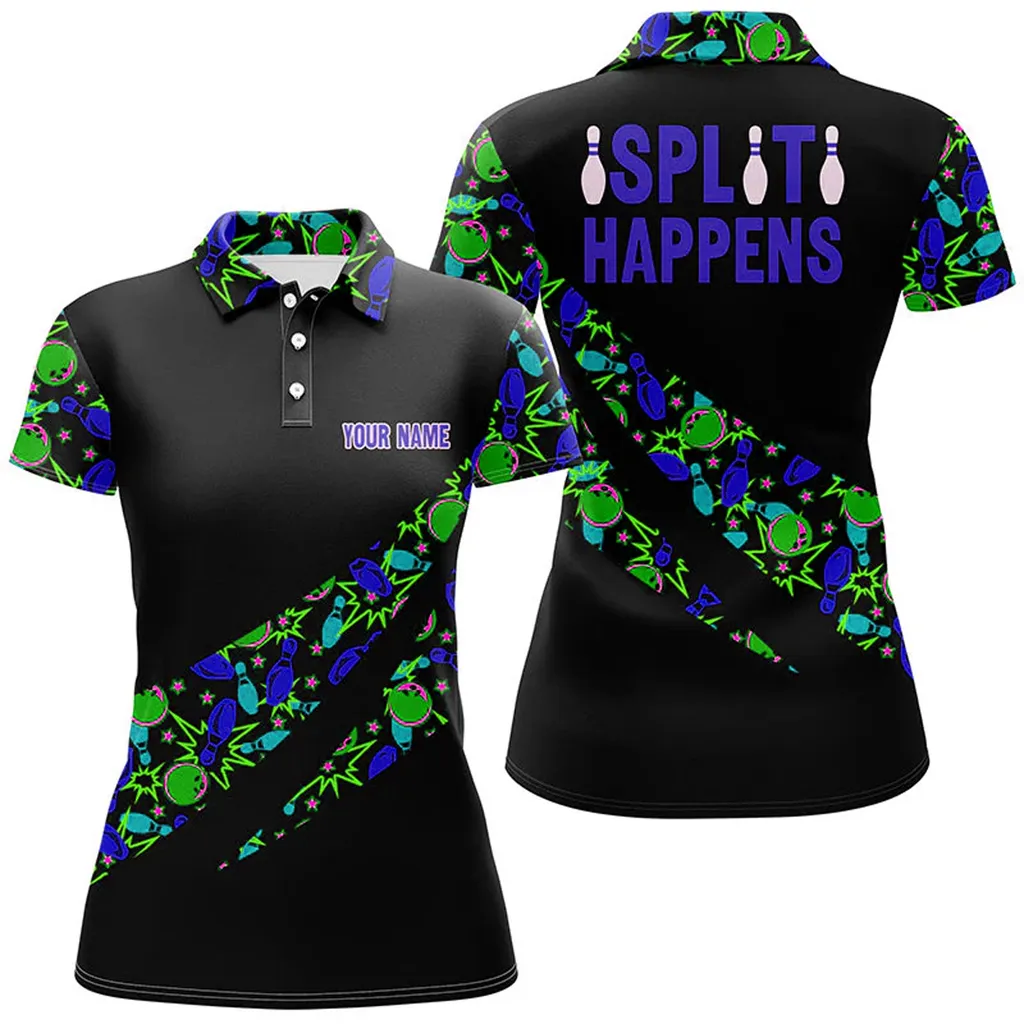 Bowling And Pins Split Happens Multicolor Option Customized Name 3D Shirt For Women