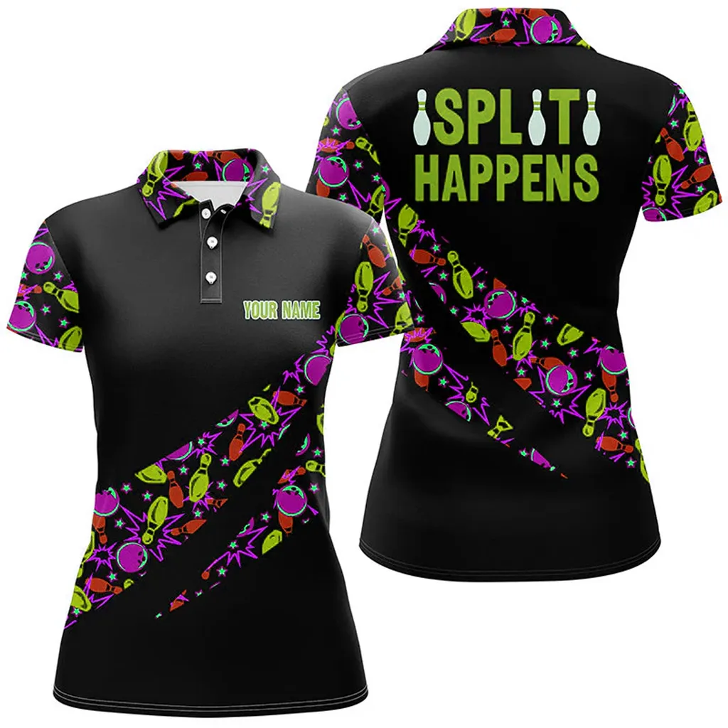 Bowling And Pins Split Happens Multicolor Option Customized Name 3D Shirt For Women