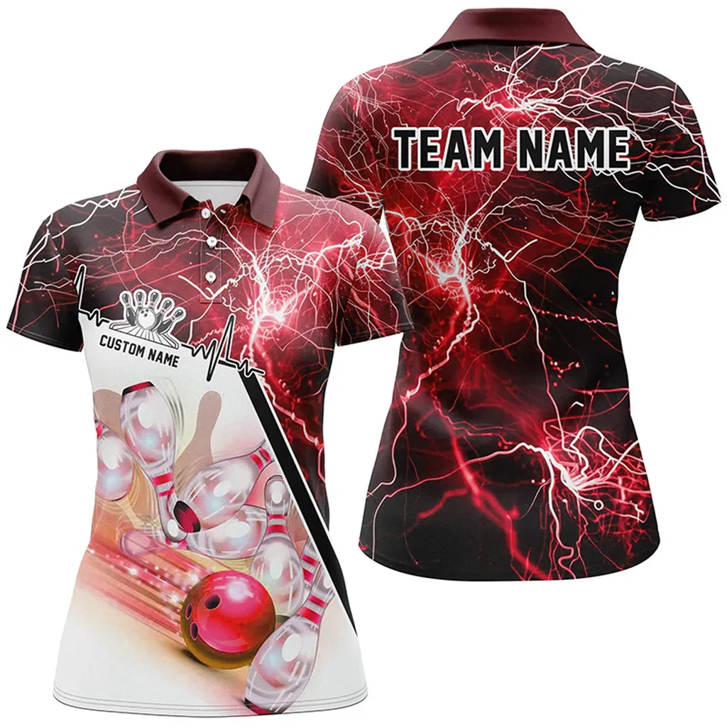 Bowling And Pins Thunder Lightning Ladies Multicolor Option Customized Name 3D Polo Shirt For Women