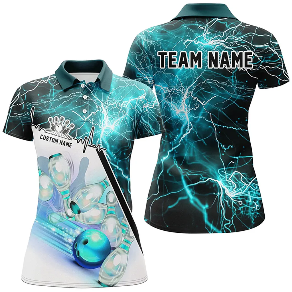 Bowling And Pins Thunder Lightning Ladies Multicolor Option Customized Name 3D Polo Shirt For Women