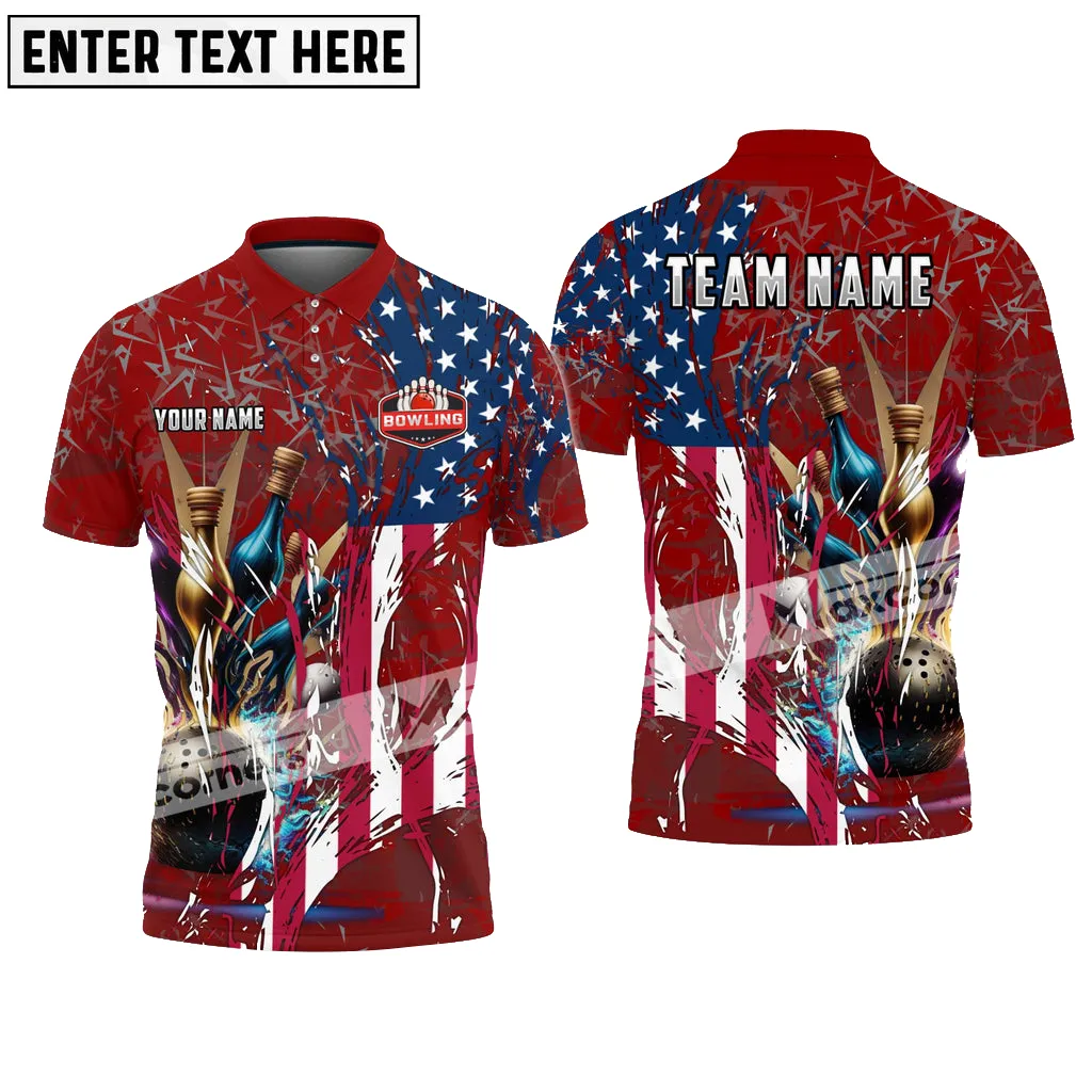 Bowling Ball And Pins Digital American Flag Pattern Multicolor Option Customized Name, Team Name 3D Polo Shirt