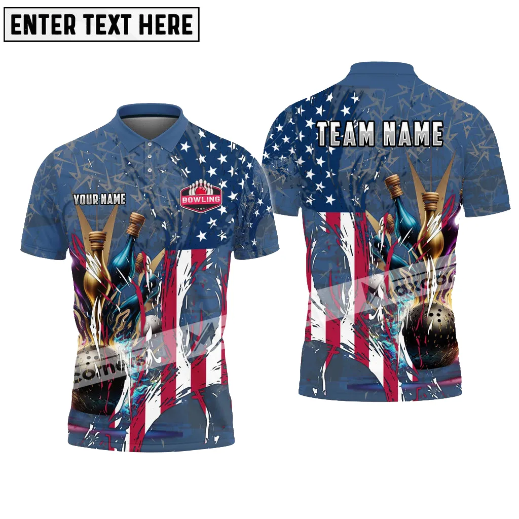 Bowling Ball And Pins Digital American Flag Pattern Multicolor Option Customized Name, Team Name 3D Polo Shirt