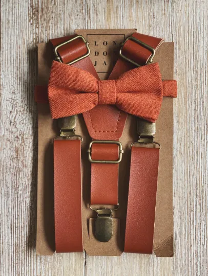 Burnt Orange Bow Tie with 1" Width Cognac Brown Faux Leather Suspender