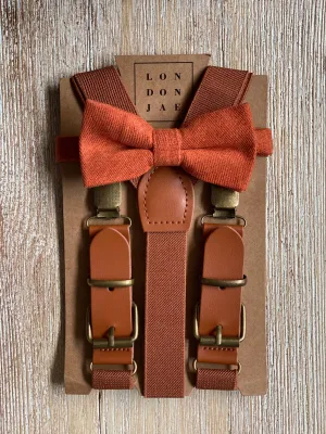 Burnt Orange Bow Tie with Cognac Brown Suspender  Set