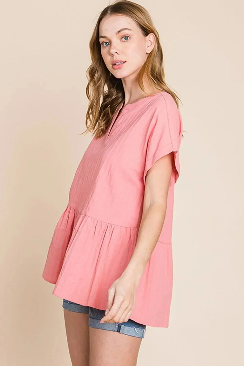 by Nu Label Notched Short Sleeve Peplum Top