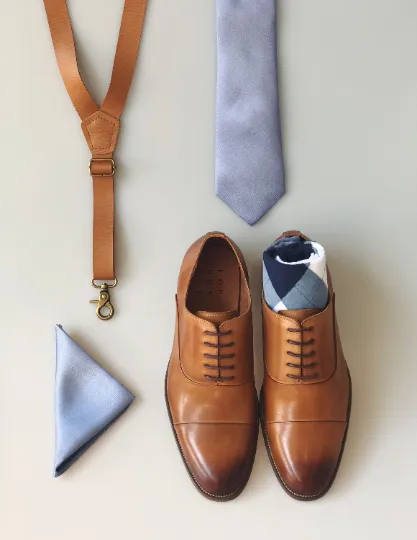 Caramel Brown Suspenders & Dusty Blue Bow Tie Set