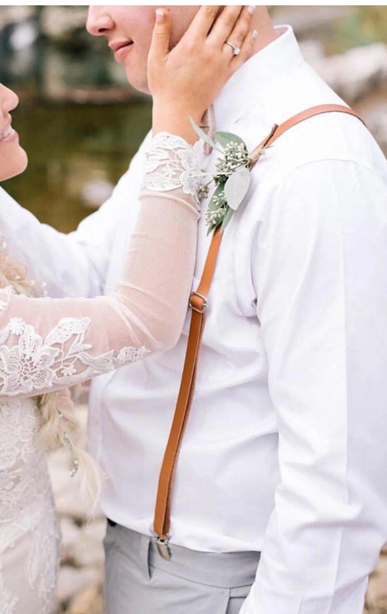 Caramel Skinny Suspenders with Floral Bow Tie