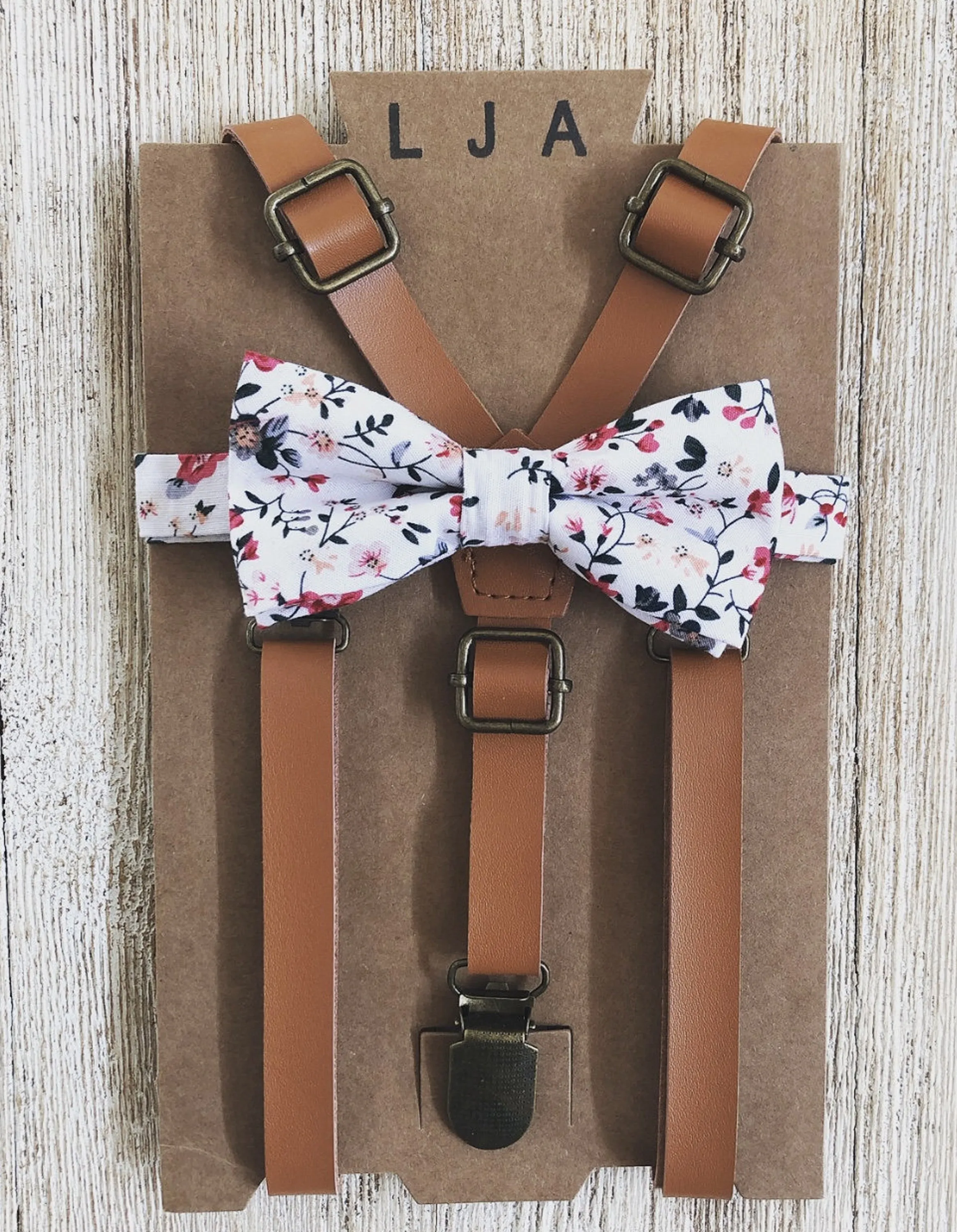 Caramel Skinny Suspenders with Floral Bow Tie