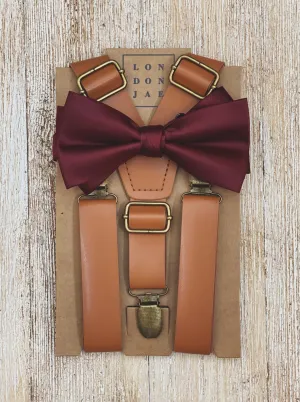 Caramel Suspenders with Burgundy Wine Satin Bow Tie Set