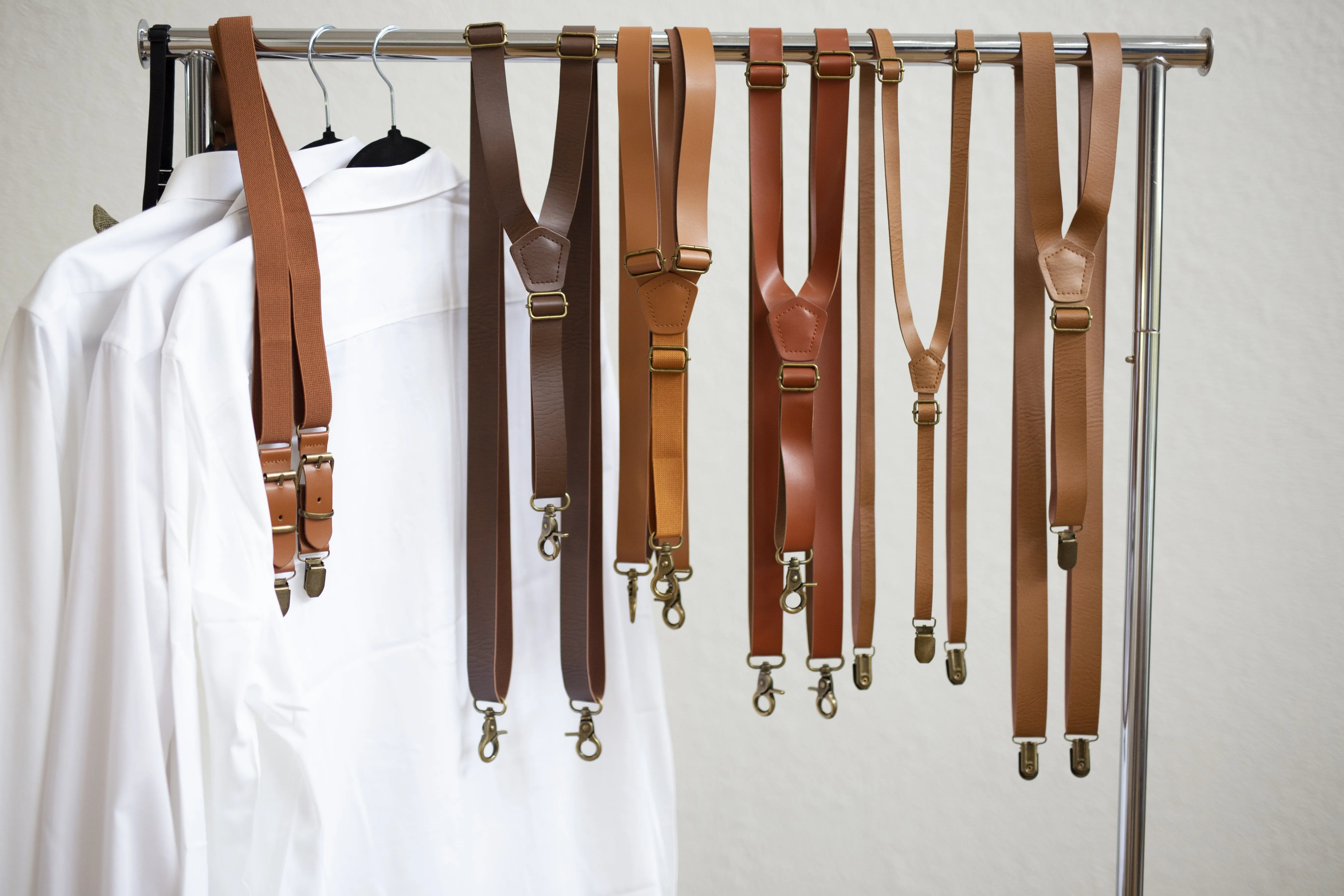 Caramel Suspenders with Plum Bow Tie