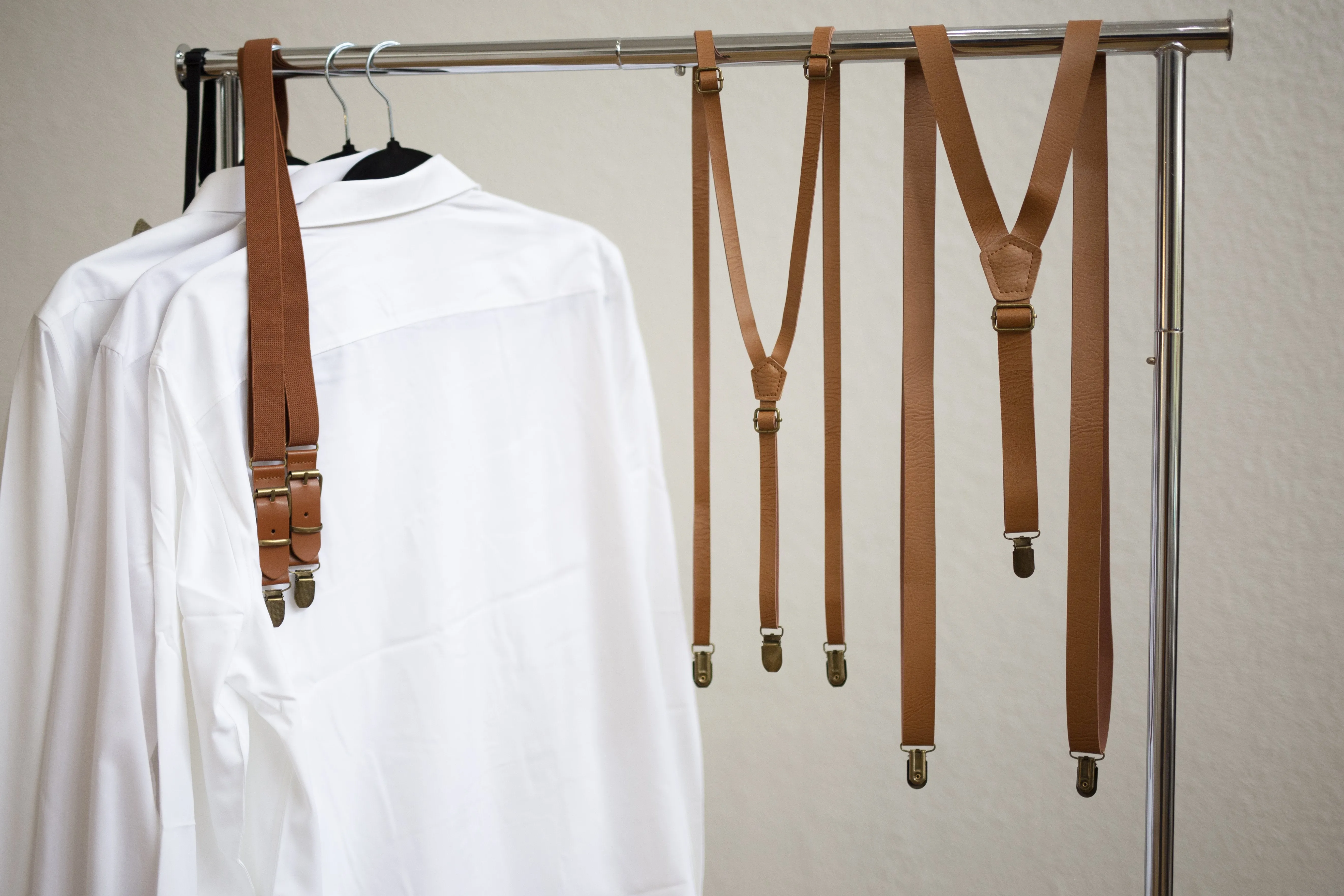 Caramel Suspenders with Plum Bow Tie