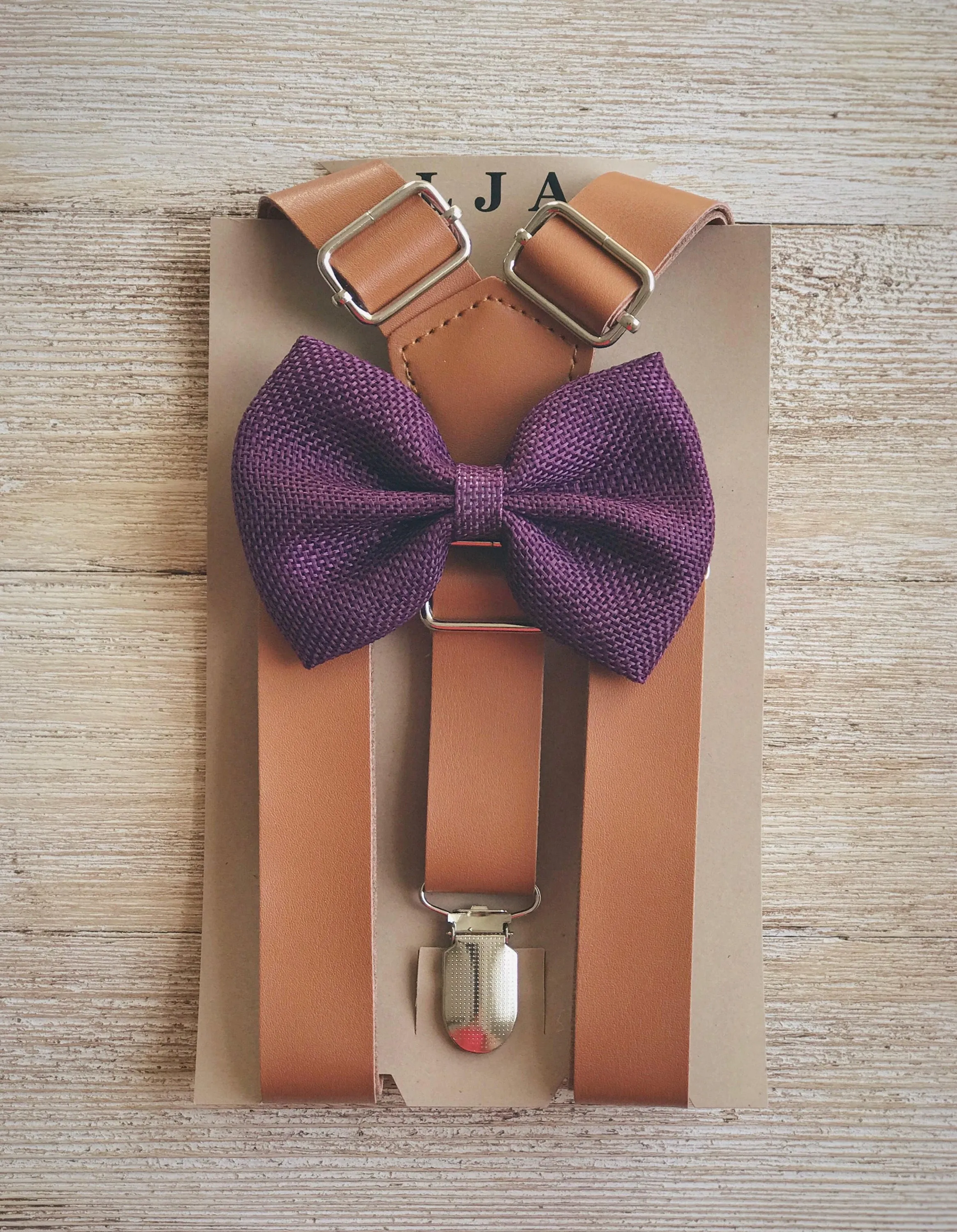 Caramel Suspenders with Plum Bow Tie