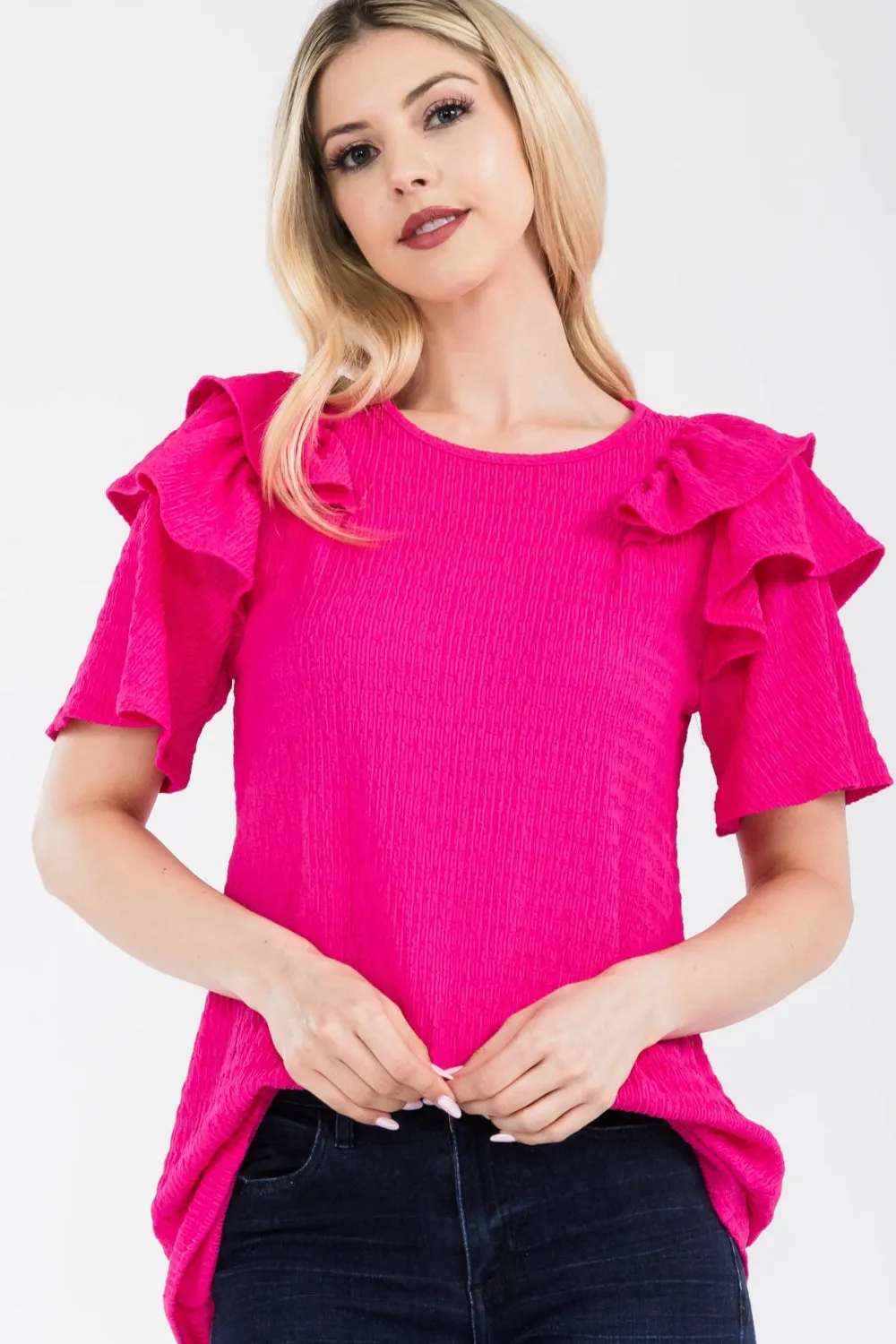 Celeste Full Size Ruffle Layered Short Sleeve Texture Top