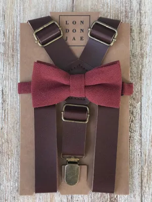 Coffee Brown Suspenders with Garnet Cotton Bow Tie