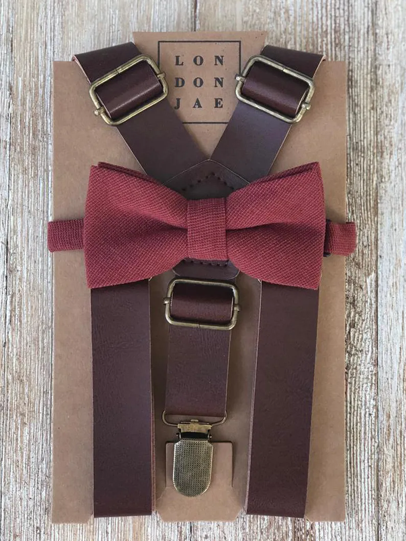 Coffee Brown Suspenders with Garnet Cotton Bow Tie