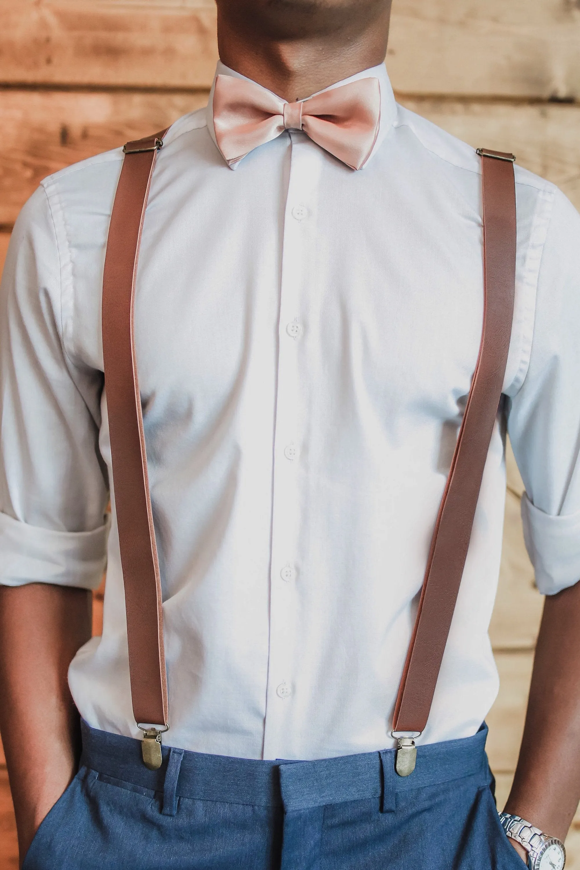 Coffee Brown Suspenders with Wine Burlap Bow Tie