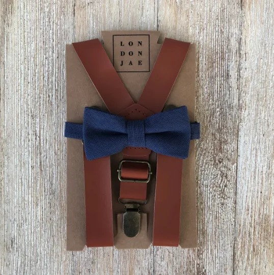 Cognac Suspenders with Navy Bow Tie