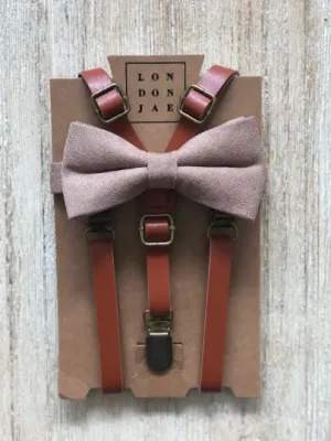 Cognac Suspenders with Taupe Cotton Bow Tie