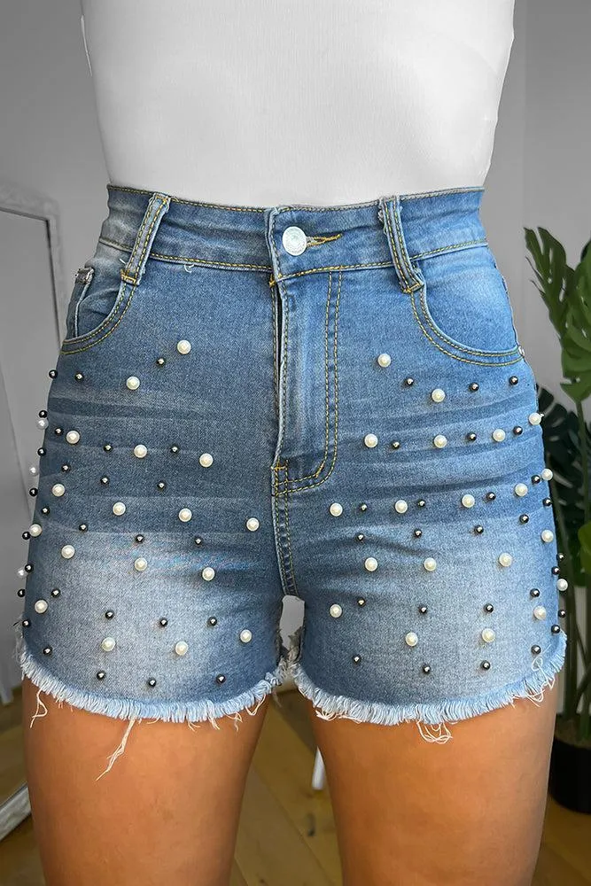 Cotton Blend Pearls Embellished Denim Shorts