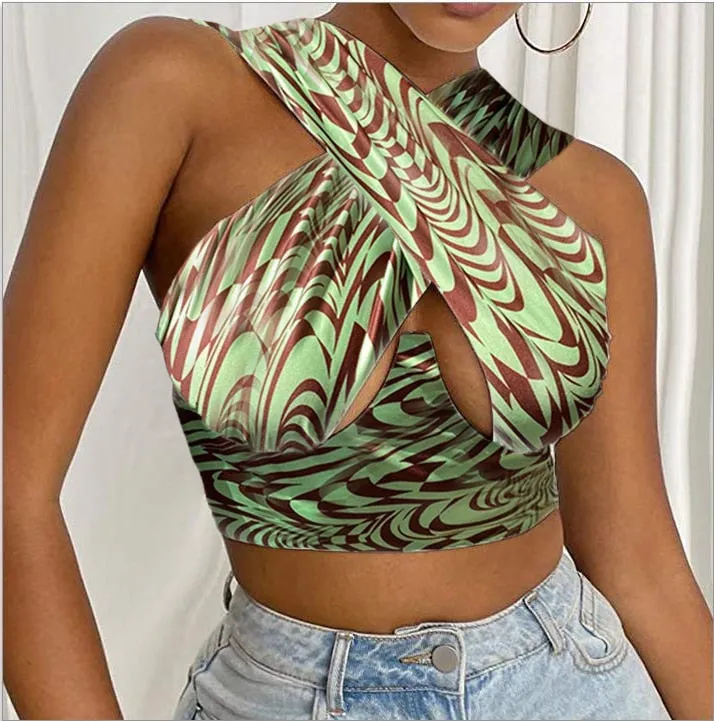 Cross Wrap Sleeveless Cut-Out Front Crop Bustier Tops- Plus Size