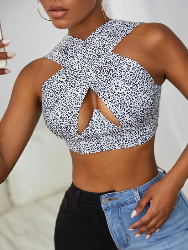 Cross Wrap Sleeveless Cut-Out Front Crop Bustier Tops- Plus Size