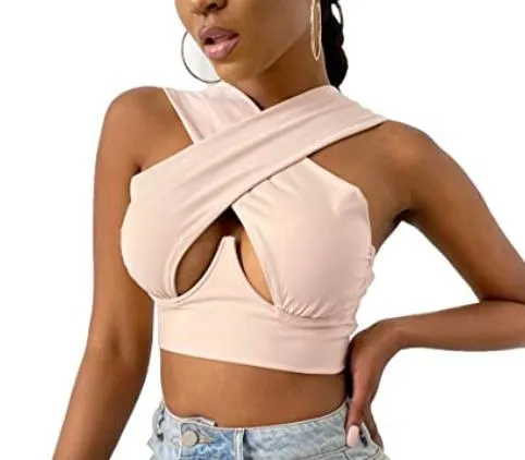 Cross Wrap Sleeveless Cut-Out Front Crop Bustier Tops- Plus Size