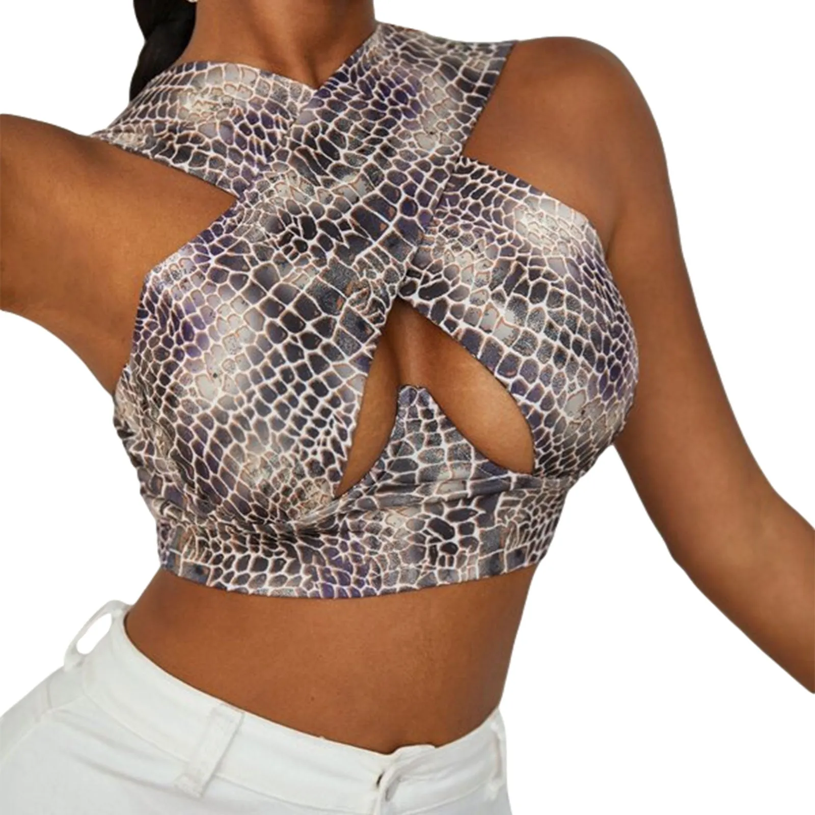 Cross Wrap Sleeveless Cut-Out Front Crop Bustier Tops- Plus Size