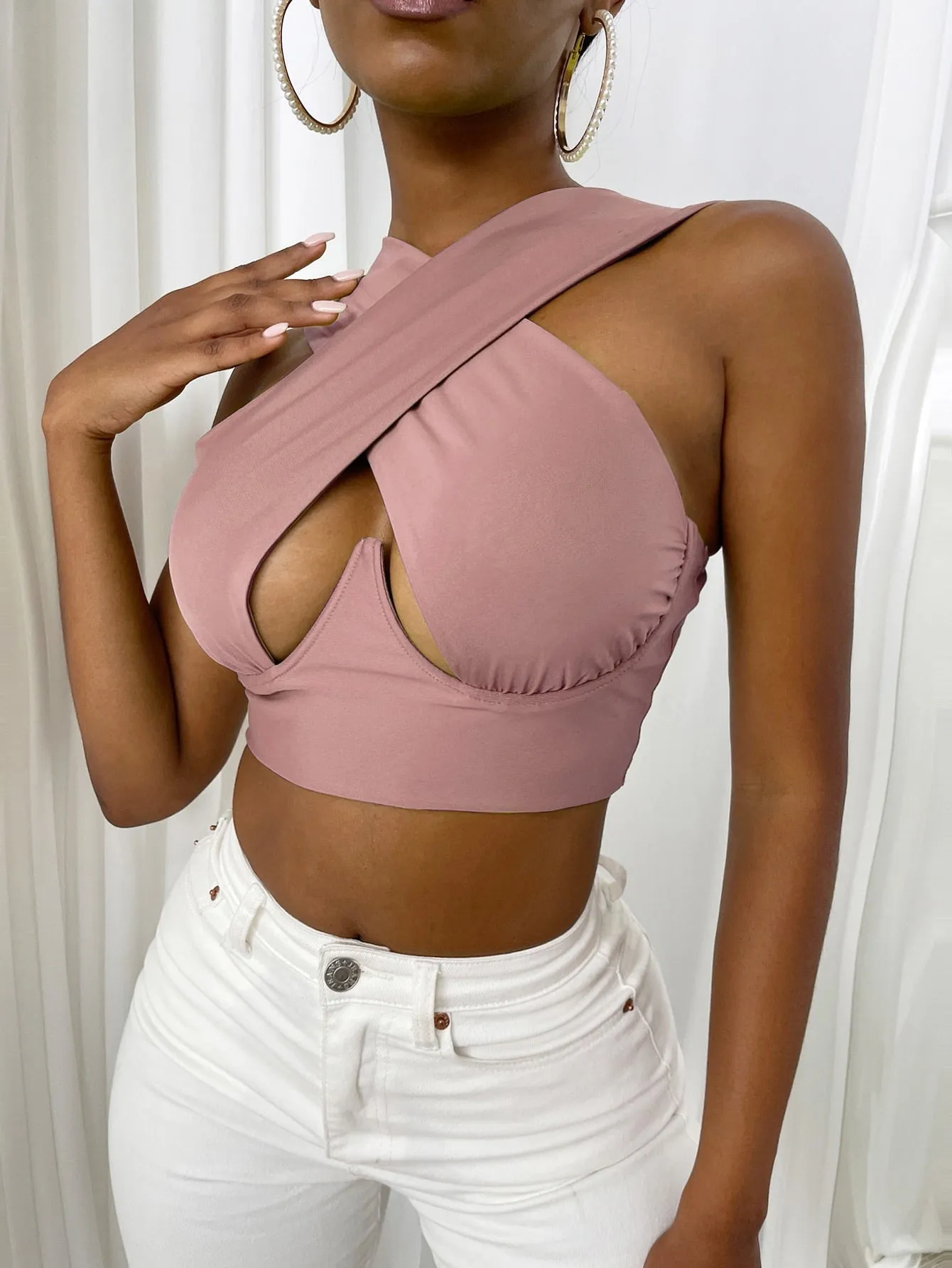 Cross Wrap Sleeveless Cut-Out Front Crop Bustier Tops- Plus Size