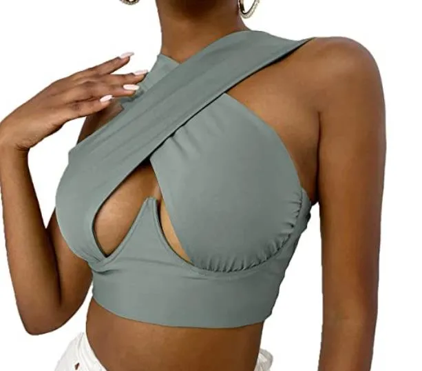 Cross Wrap Sleeveless Cut-Out Front Crop Bustier Tops- Plus Size