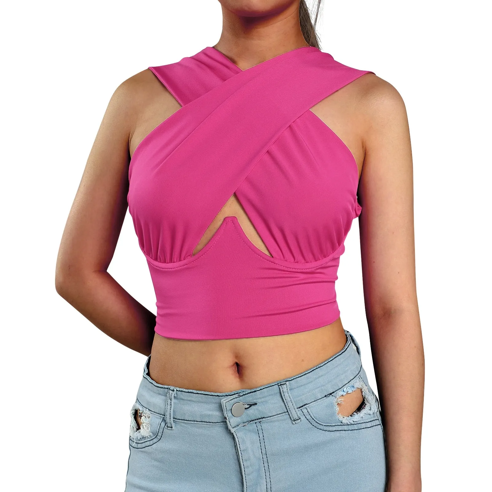 Cross Wrap Sleeveless Cut-Out Front Crop Bustier Tops- Plus Size