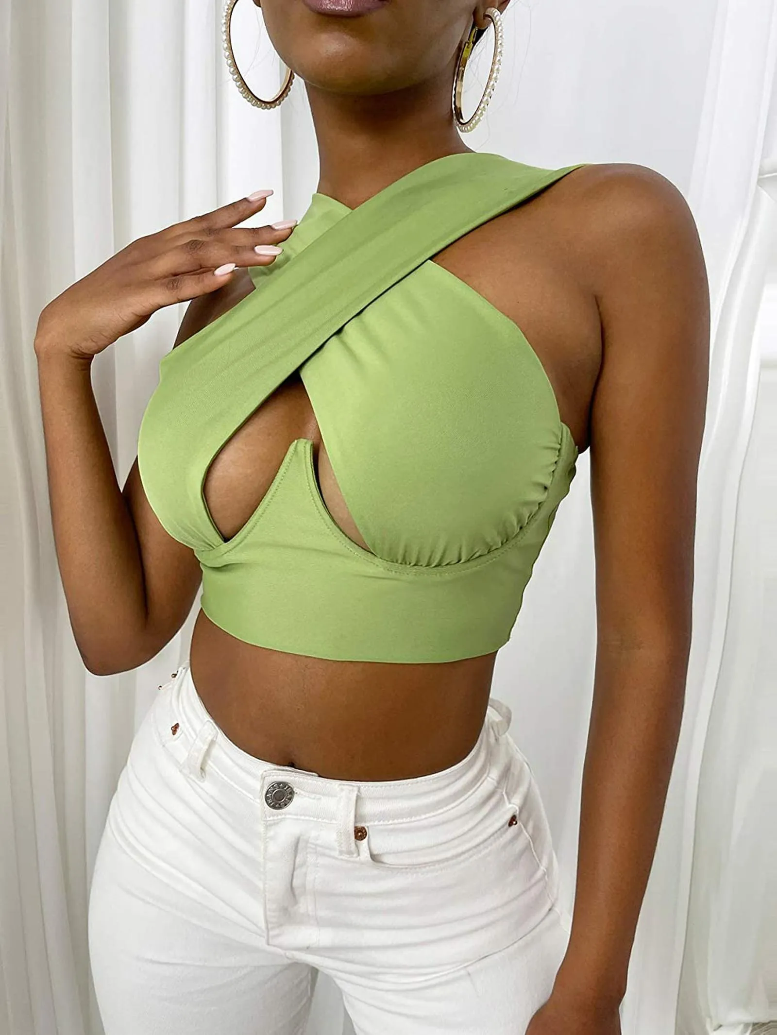 Cross Wrap Sleeveless Cut-Out Front Crop Bustier Tops- Plus Size