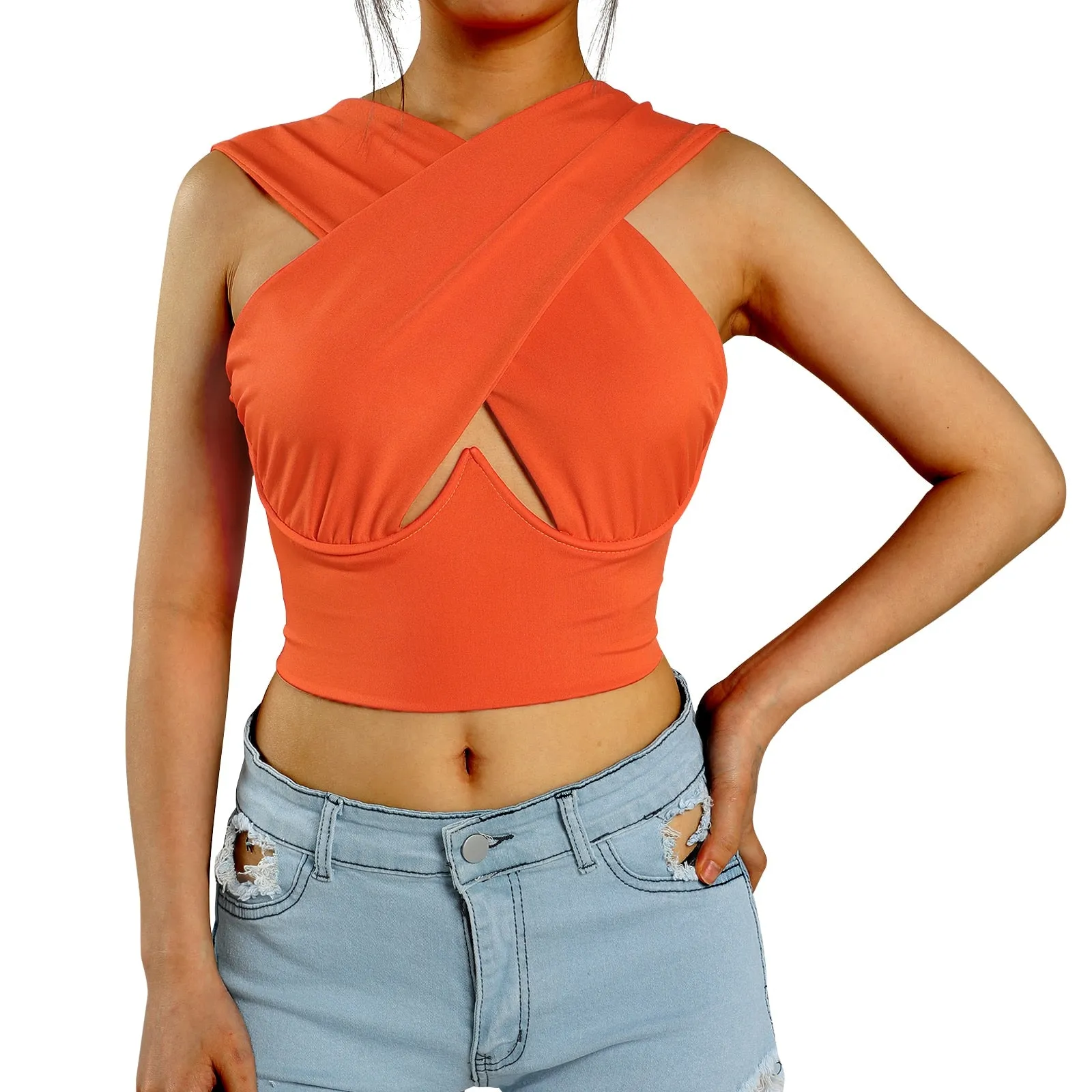 Cross Wrap Sleeveless Cut-Out Front Crop Bustier Tops- Plus Size