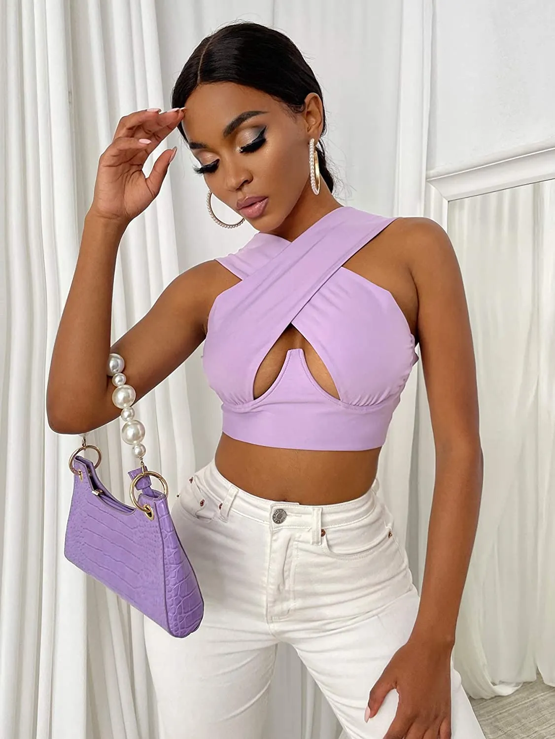 Cross Wrap Sleeveless Cut-Out Front Crop Bustier Tops- Plus Size