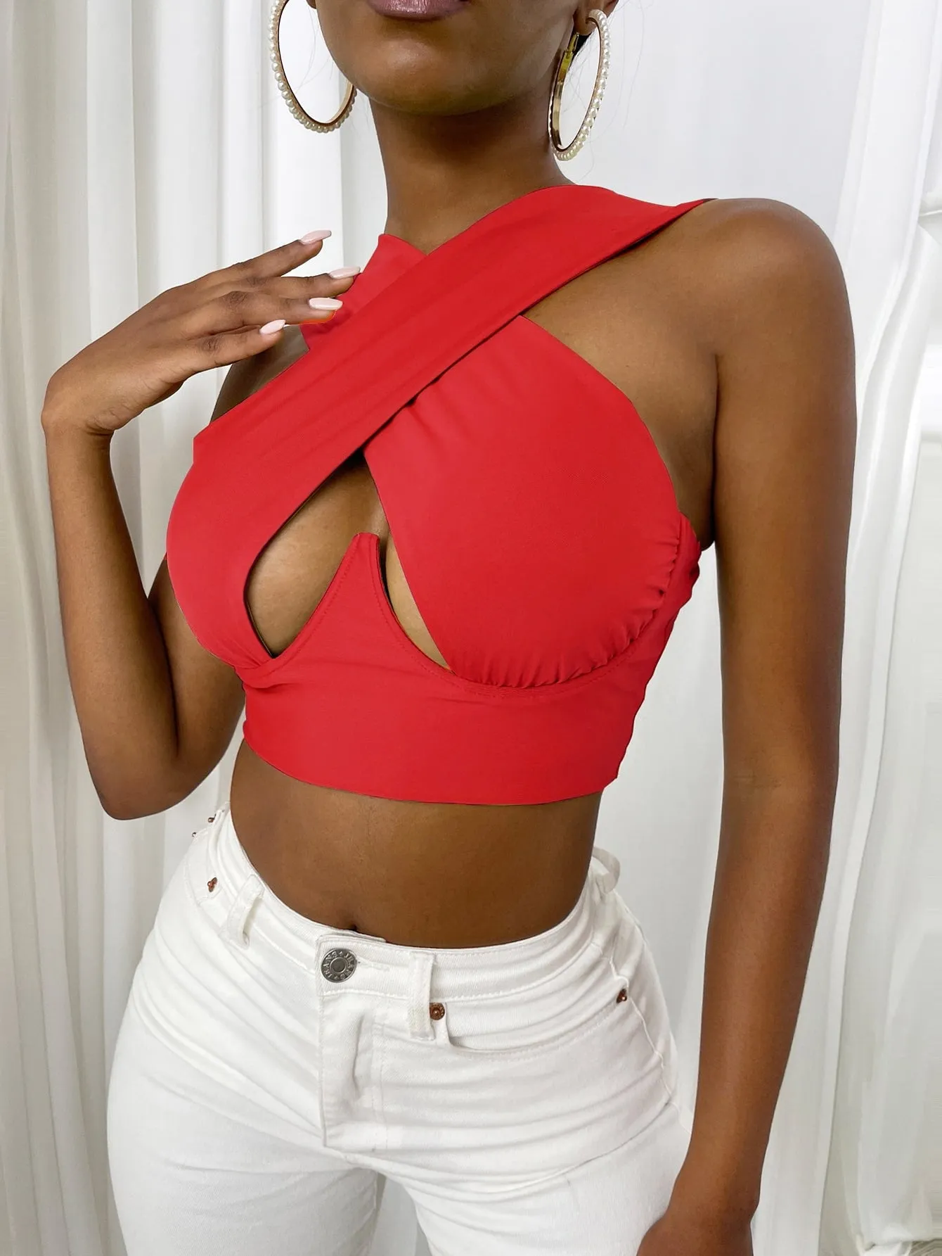 Cross Wrap Sleeveless Cut-Out Front Crop Bustier Tops- Plus Size