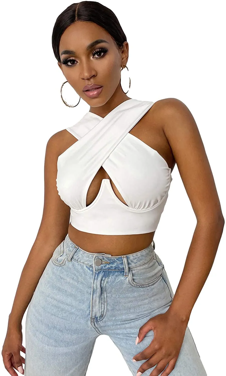 Cross Wrap Sleeveless Cut-Out Front Crop Bustier Tops- Plus Size