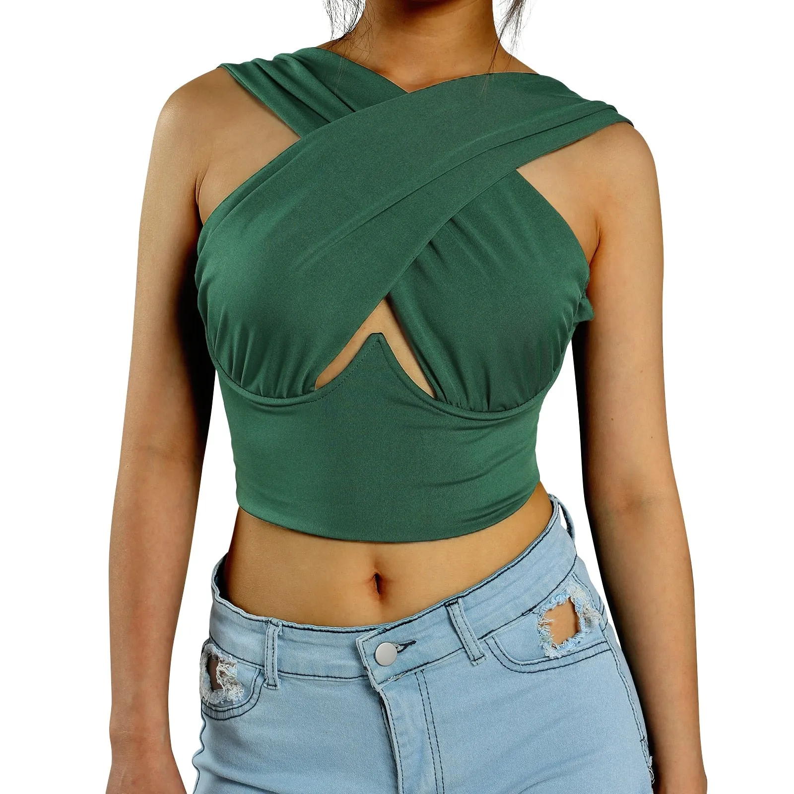 Cross Wrap Sleeveless Cut-Out Front Crop Bustier Tops- Plus Size