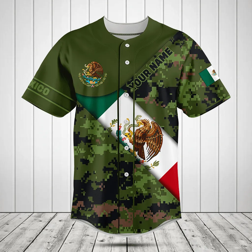 Customize Mexico Flag Camouflage Army Baseball Jersey Shirt