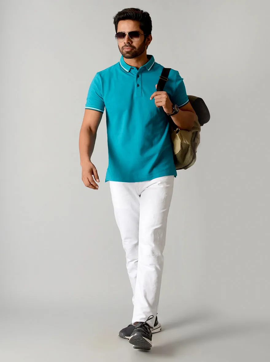 Electric Blue Solid Slim Fit Polo T-shirt | JadeBlue